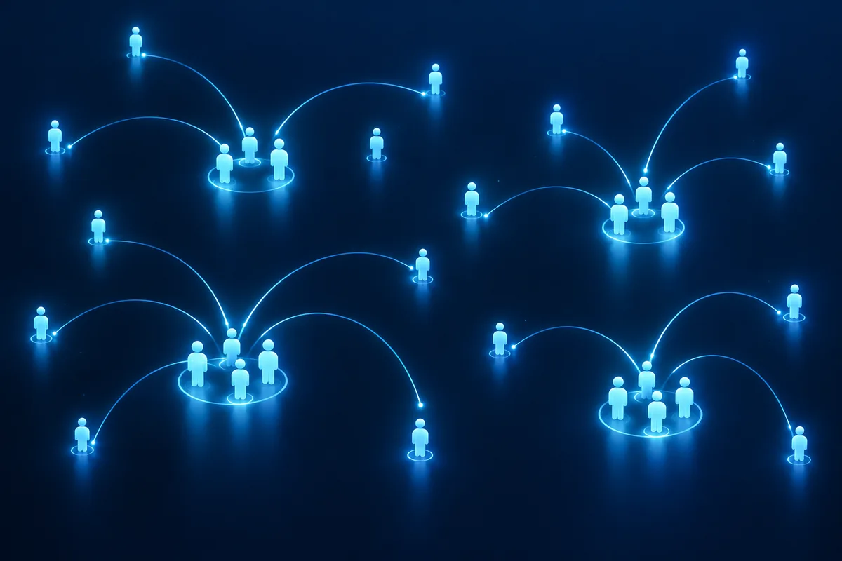 Abstract dark navy illustration of glowing cyan lines pairing scattered player points into balanced groups