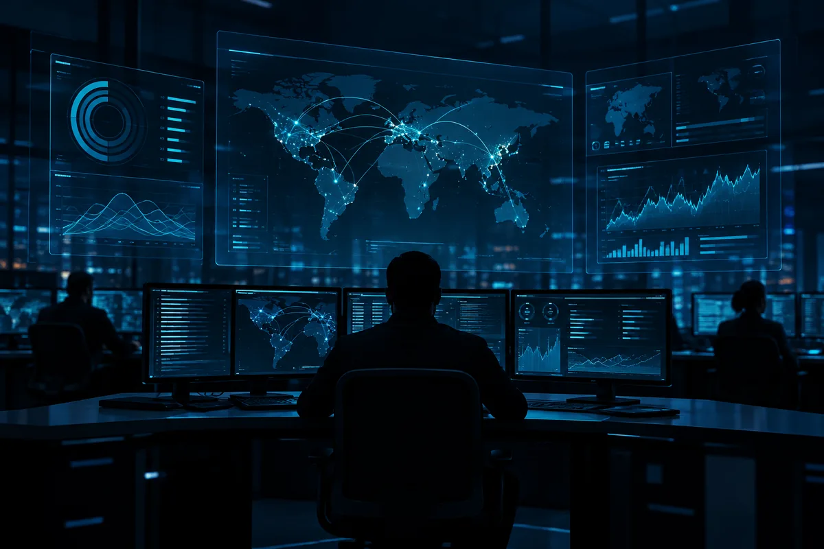Abstract dark navy illustration of floating translucent cyan dashboards and latency graphs in a dim operations room