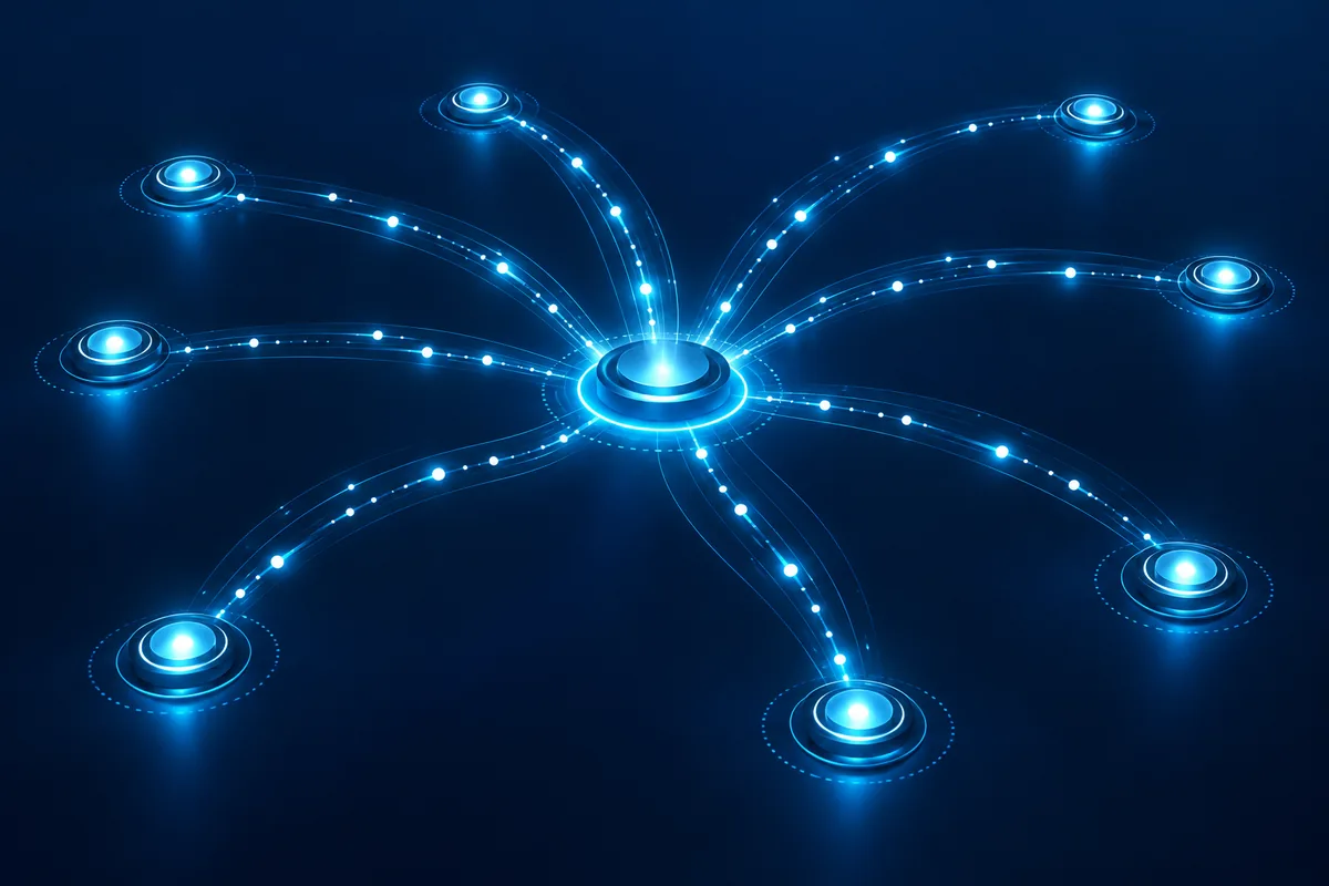 Abstract dark navy illustration of glowing cyan nodes converging on a central relay hub