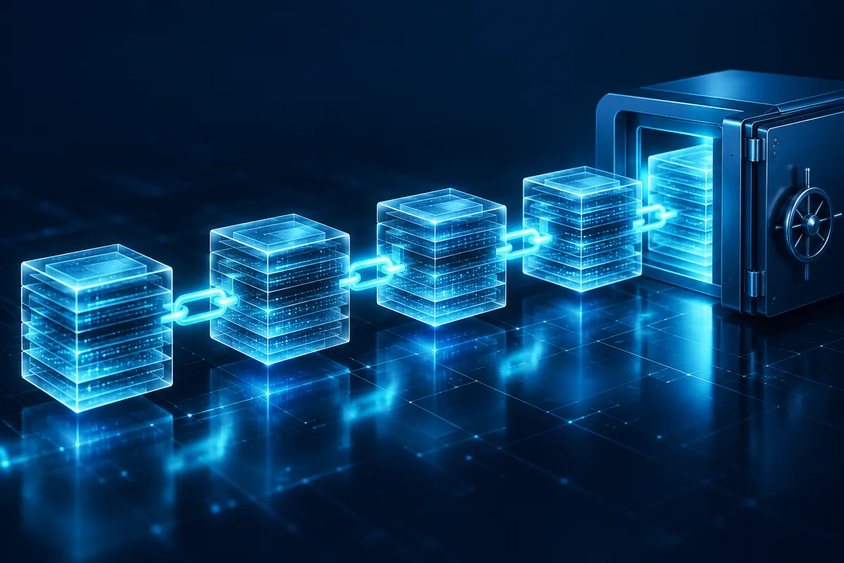 Abstract dark navy illustration of a glowing cyan transactional ledger of stacked translucent blocks chained by light